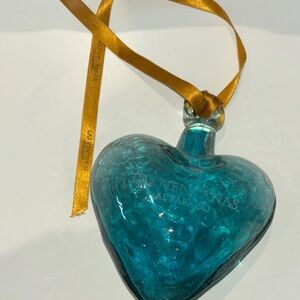 Blue Heart-Shaped Glass Ornament with Gold Ribbon